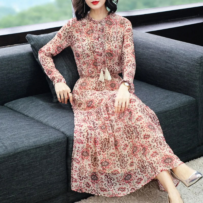 Women's Spring Boollili Summer Real Silk Dress Floral Boho Beach Long Maxi Dresses Elegant Long Sleeve Dress Women Clothes 2023