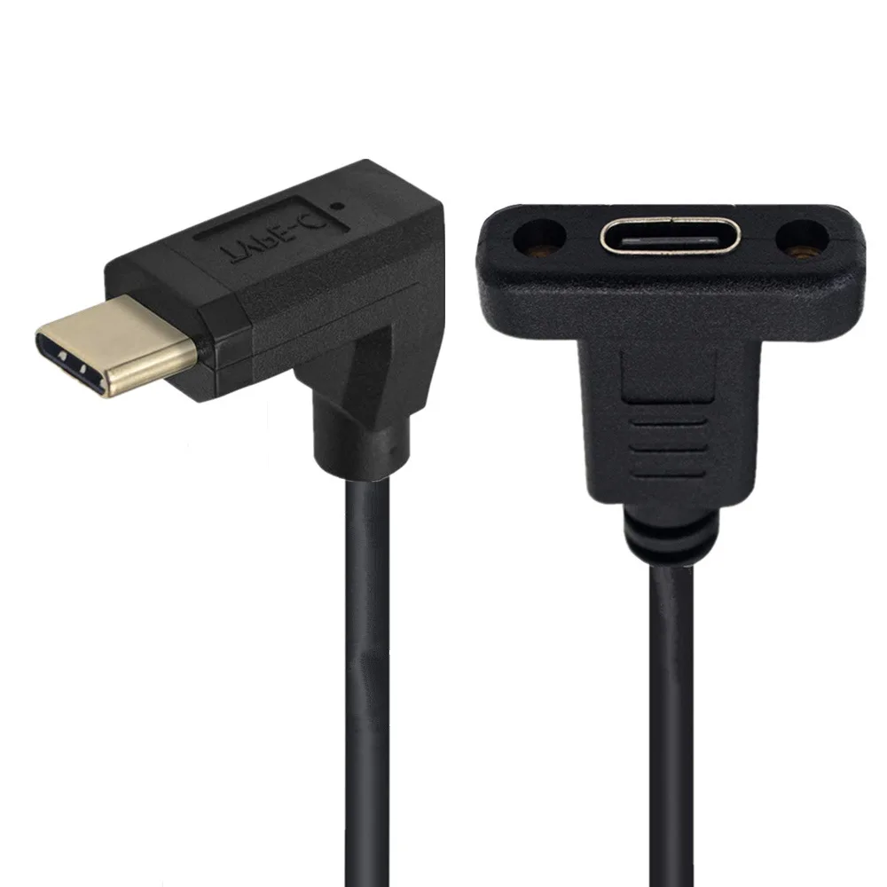 Gold Type-C USB 3.1 Male to USB-C Female 90 degree Extension Data charge Cable Cord Reversible Design 10Gb/s with panel screw