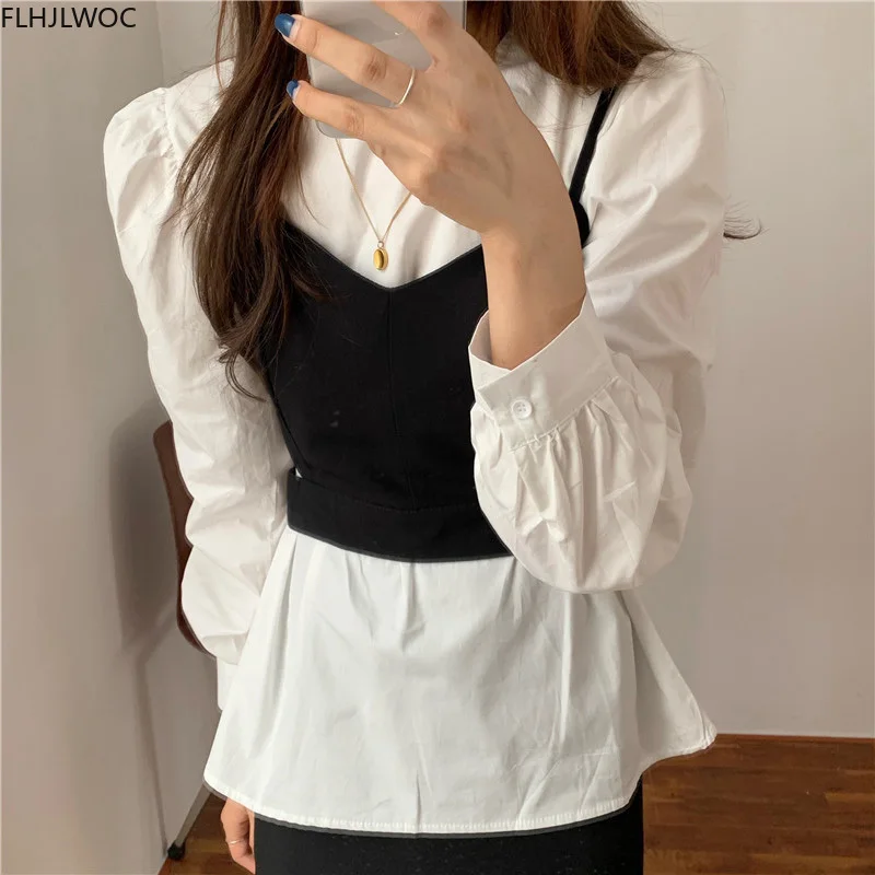 2020 Autumn Design Logn Sleeve Korean Chic Tops Cute Sweet Preppy Style Girls Solid White Black Two Piece Outfits Top Blouses