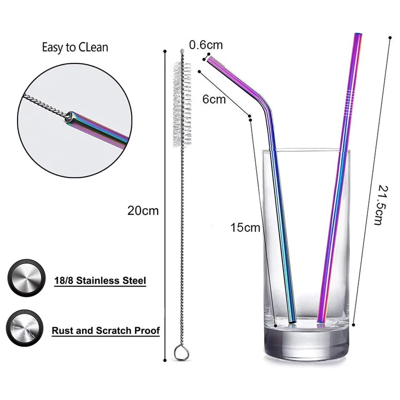 1pcs 304 Stainless Steel Straw Reusable Metal Drinking Straws with Cleaning Brush Eco-Friendly Cocktail Straws Bar Accessory