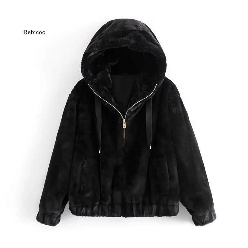 Causal Women Black Faux Fur Coats Fashion Ladies Zipper Jackets Streetwear Female Thick Hooded OuterCoat Chic Girl Coat