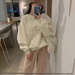 2021 New Women Spring Autumn Letter Embroidery Fleece Sweatshirt Oversize Hoodies Cotton Pullovers