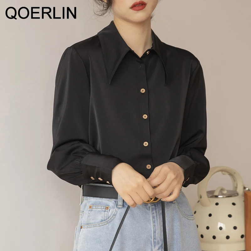 QOERLIN OL Stylish Satin White Shirt Elegant Formal Blouse Luxury Women Shirts Buttons Cuff Long Sleeve Office Tops Black Blouse