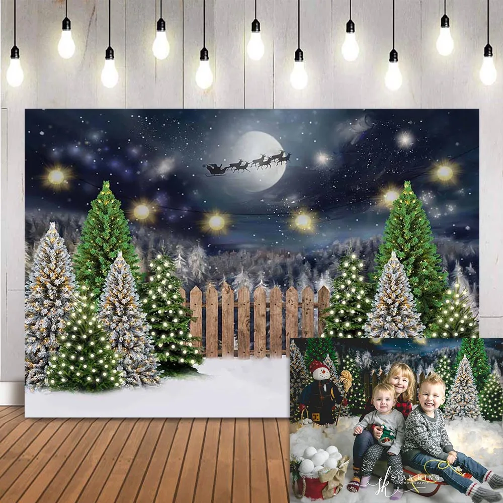 Full moon night Merry Christmas Photo Background Santa Claus Pine Forest Photography Backdrop winter snow photocall newborn baby