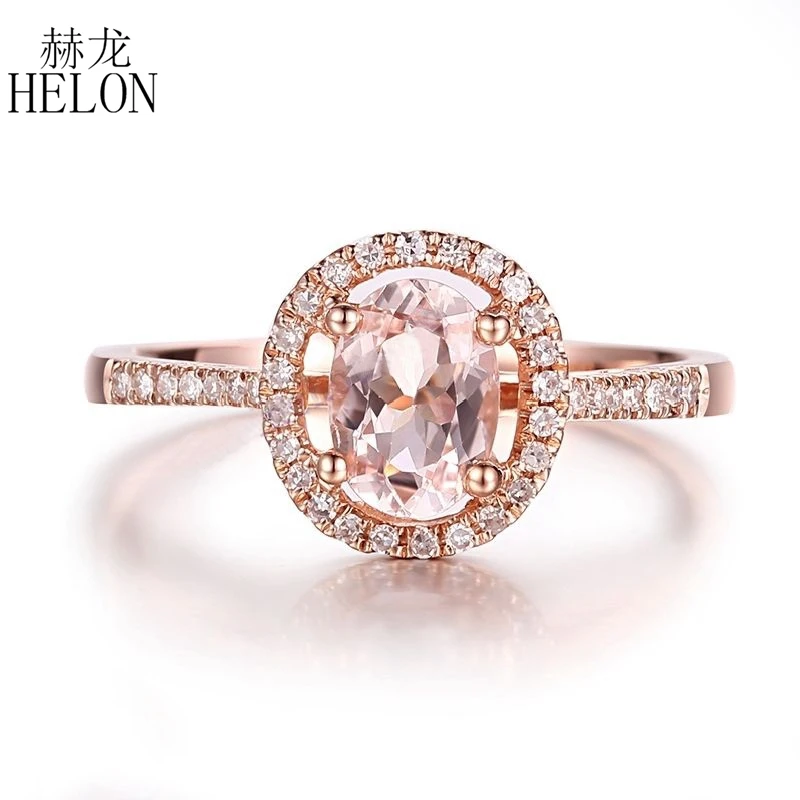 

HELON Solid 10K Rose Gold Flawless Oval 7x5mm Natural Morganite Diamond Ring Women Wedding & Anniversary Band Fine Jewelry Gift