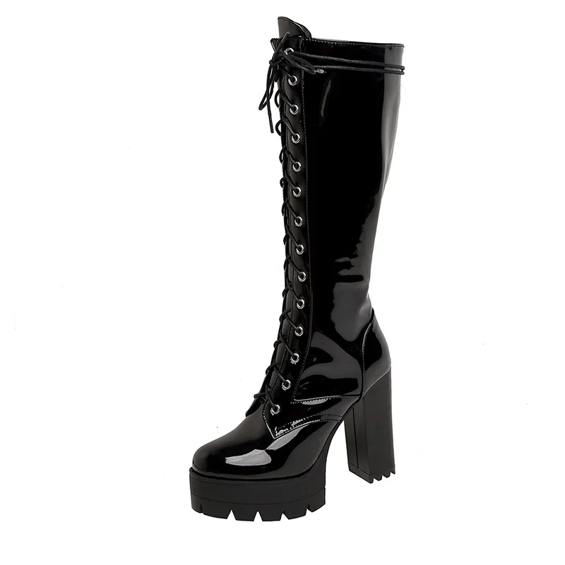 Gdgydh Patent Leder Weiß Kniehohe Stiefel Schnüren Damen Plattform Stiefel High Heels Mode Nachtclub Party Schuhe Großhandel 4