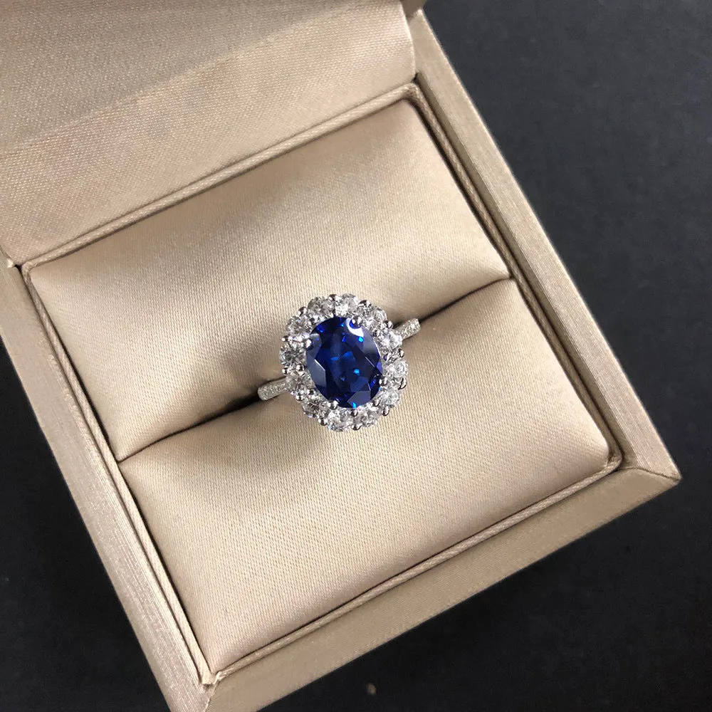 KNRIQUEN 100% Sterling Silver Created Moissanite Royal Blue Sapphire Gemstone Wedding Engagement Party Women\'s Ring Fine Jewelry