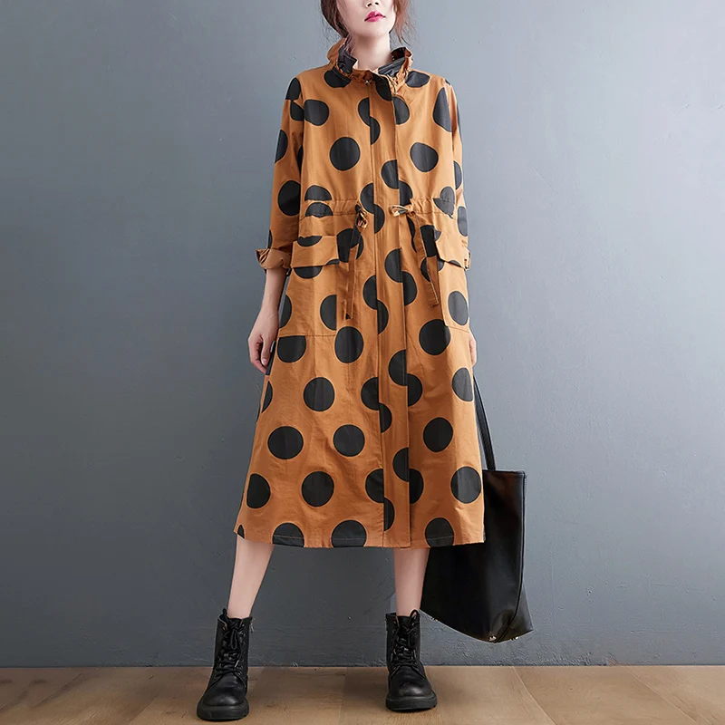 2026 Autumn Winter Oversized Polka Dot Long Trench Coat For Women Clothes Stand Collar Drawstring Fashion Casual Loose Outerwear