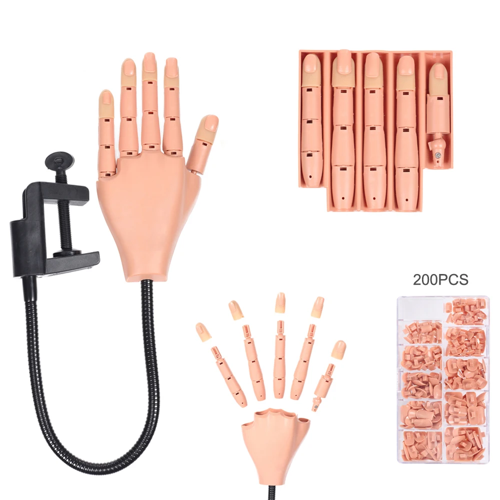 Nail Practice Hand+200pcs Nail Tips Manicure Training Practice Fake Hands Flexible Joints Detachable Finger Practice Nail Hand