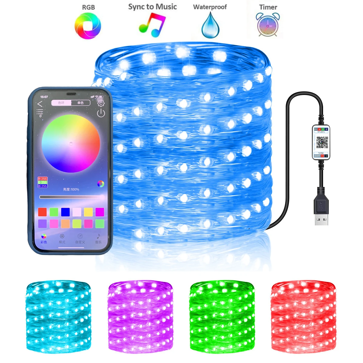 Led luzes de corda inteligente controle bluetooth rgb lâmpada 5/10/20m fonte de alimentação usb luzes de corda de fadas para decoração de natal