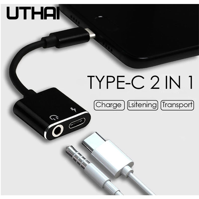 UTHAI T11 Adaptador de Audio tipo C a 3,5mm, convertidor 2 en 1 para carga de Cable USB C