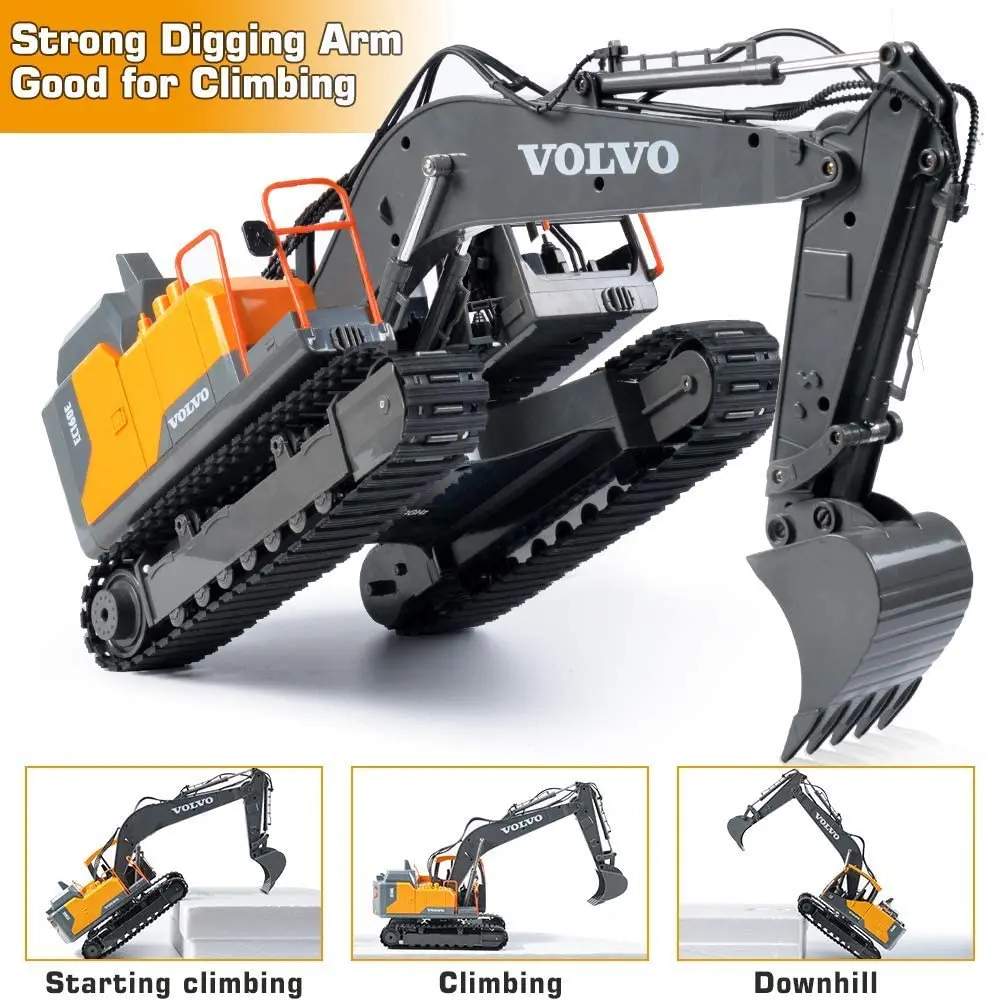 RC Excavator 3 in 1 Construction Metal Remote Control Excavator Shovel Drill 17 Channel 1/16 Full Functional Electric