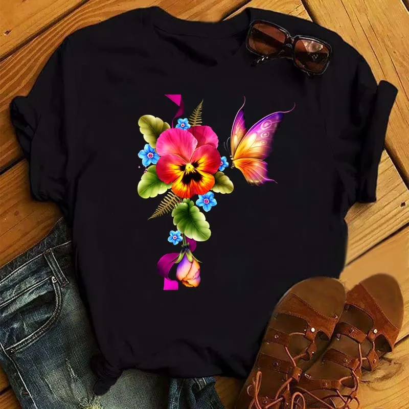 Maycaur Fashion Women Black T Shirt Butterfly Kiss Red Rose Print T Shirt Harajuku Cute Graphic Tee Female Ladies Casual T Shirt