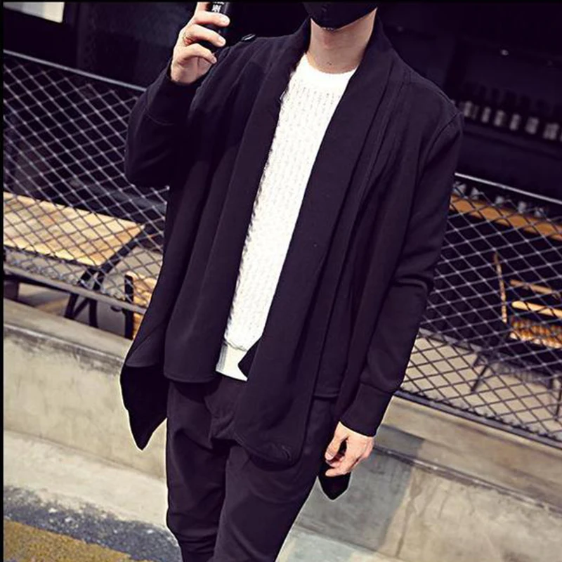 

Men's coat spring autumn mid-length irregular cape men's casual coat shawl large size windbreaker Yamamoto style black