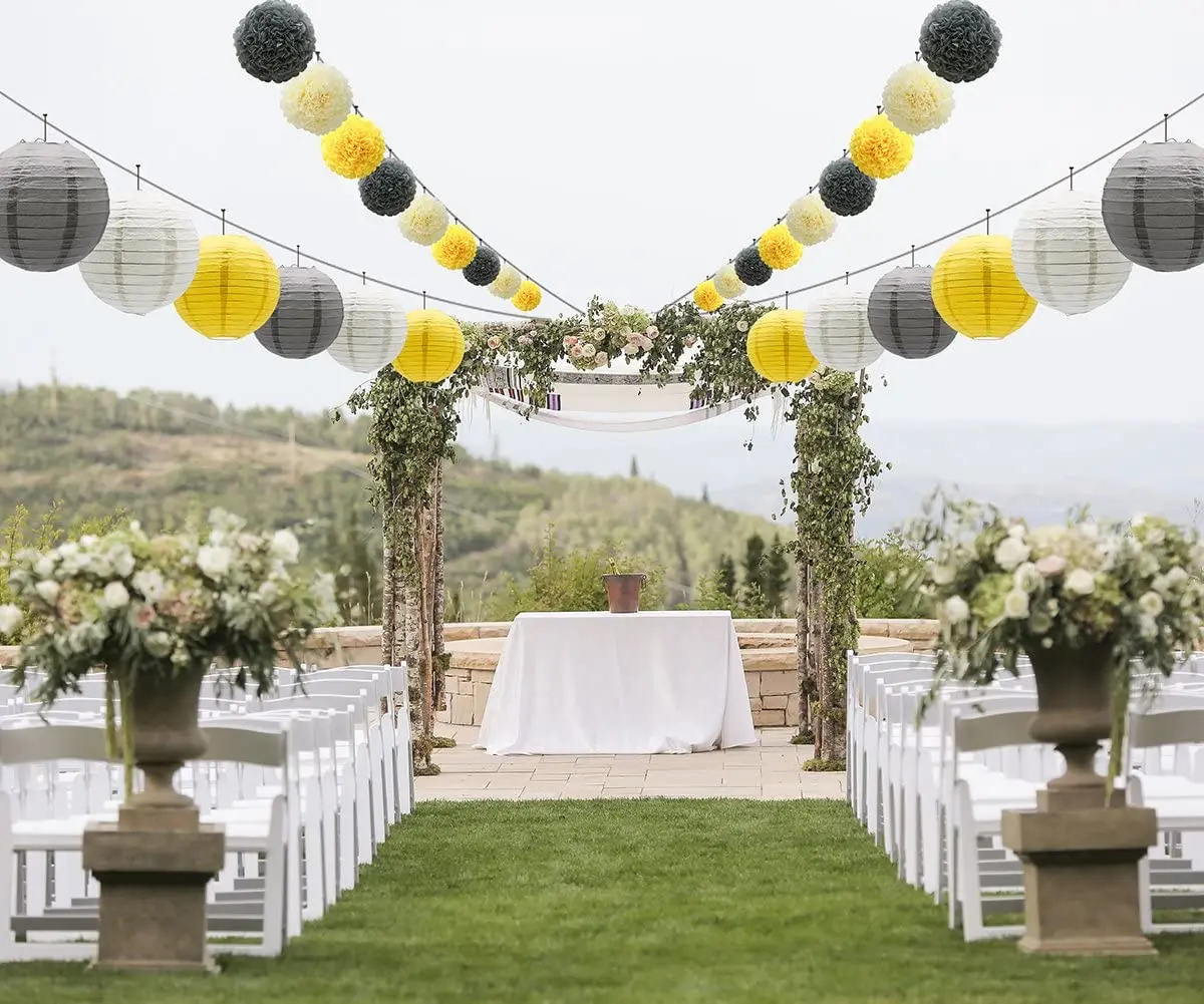 Ensemble de décorations de fête, lanternes en papier Ikand, pompons, jaune, gris, blanc, fleurs, baby shower, remise de diplôme, 15 pièces