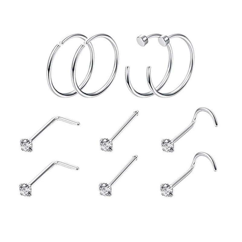 Fashion Punk Stainless Steel 10PC/SET Cubic Zircons Eyebrow Nose Lip Cartilage Earrings Piercing for Women Man Body Piercing