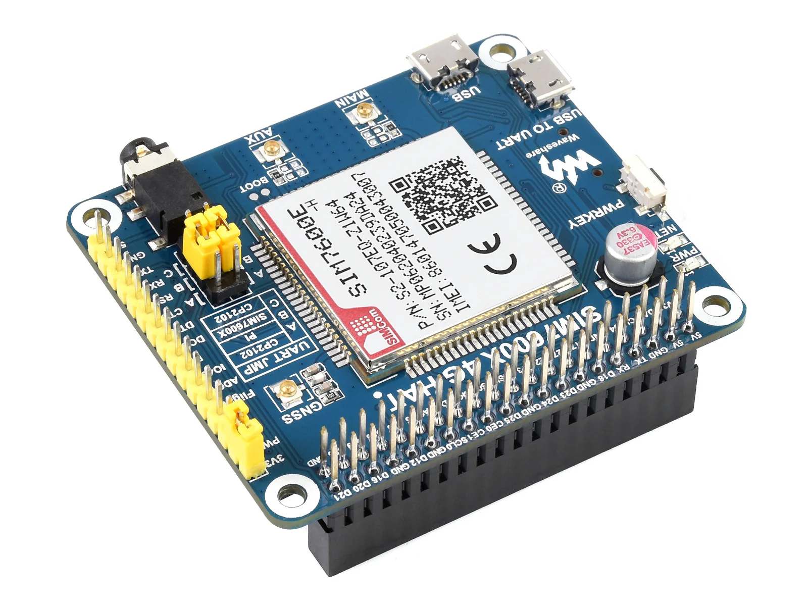 Waveshare SIM7600E-H 4G HAT dla Raspberry Pi 5/4B/3B/Zero, Raspberry Pi LTE Cat-4 4G, GNSS, Europa, Azja Południowo-Wschodnia, Azja Zachodnia, Afryka