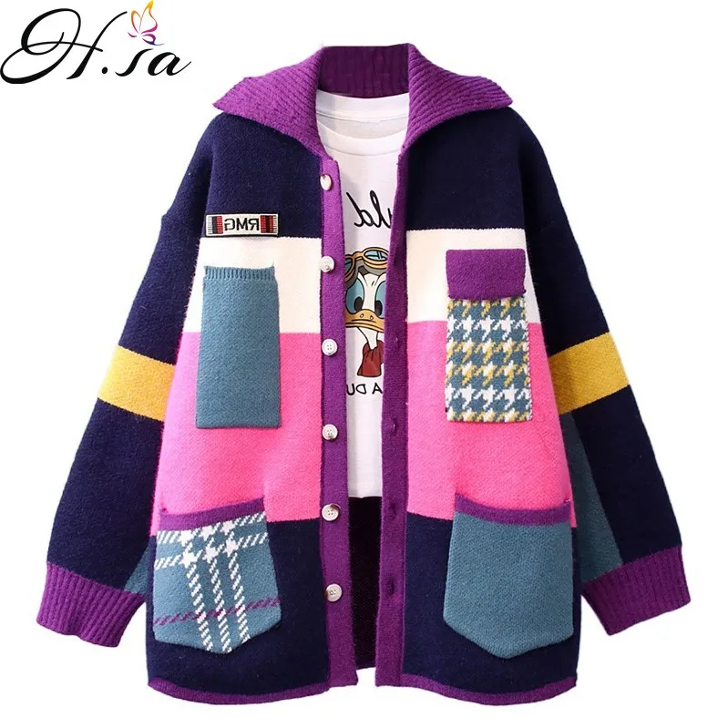 Hsa Women Long Sweater Cardigans Colorful Patchwork Sweater Coat 2021 Winter Korean Knitted Coat Oversized Warm Thick Cardigan