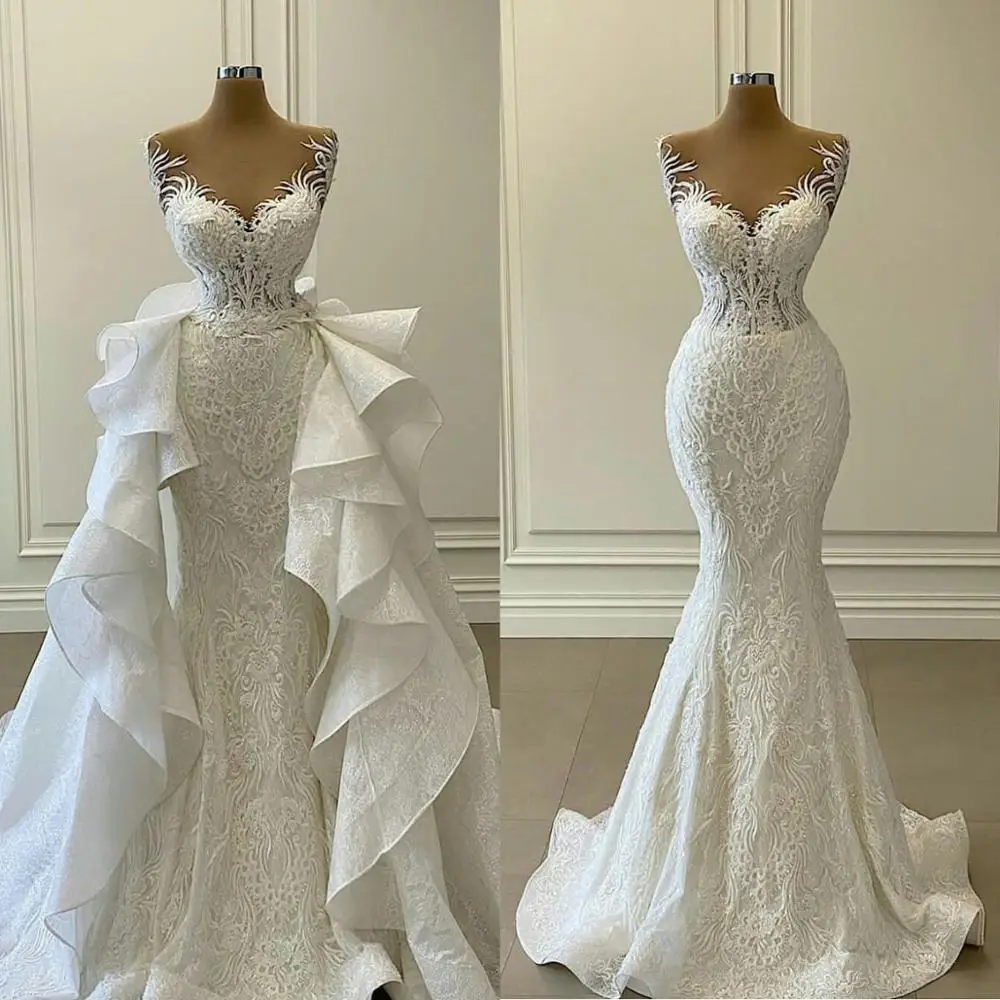 

2023 White Mermaid Wedding Dresses With Detachable Train Ruffles Lace Appliqued Bridal Gowns Plus Size Elegant Bride Dress