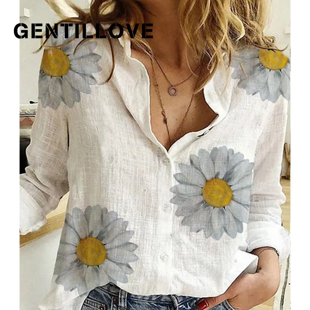 Gentillove Autumn Long Sleeve Casual Loose Shirt Women Elegant Butterfly Floral Print Tops and Blouses 2020 Vintage Cotton Tunic