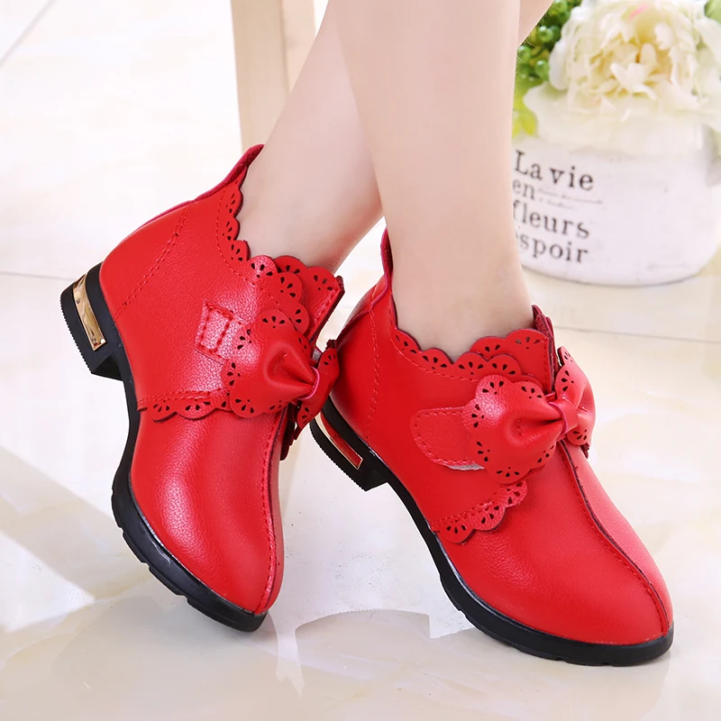 Girls Leather Shoes Autumn 2019 New Student Princess Shoes Fashion Lace Bow Children Girl Shoes Kids Short Boots Black Red Pink