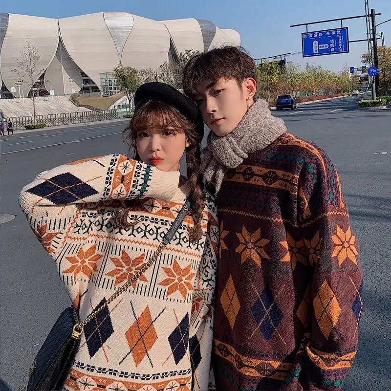 2020 Winter Fashion Lovers' Thicken Geometric Pattern Sweaters Korean Style Unisex Couple Knitted Pullovers