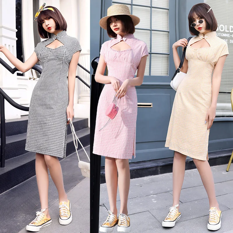 

2020 New Cotton Long Linen Cheongsam Daily Fashion Hollow Sexy Lady Style Girl Dress Cute Check Cheongsam Female Slim Qipao 치파오