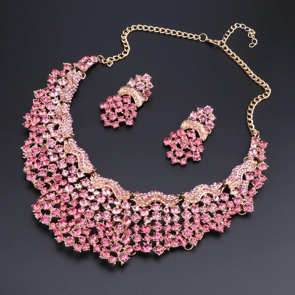 Fashion Pink Crystal Bridal Jewelry Sets Wedding Party Costume Jewellery Indian Necklace Earrings Sets For Brides Women