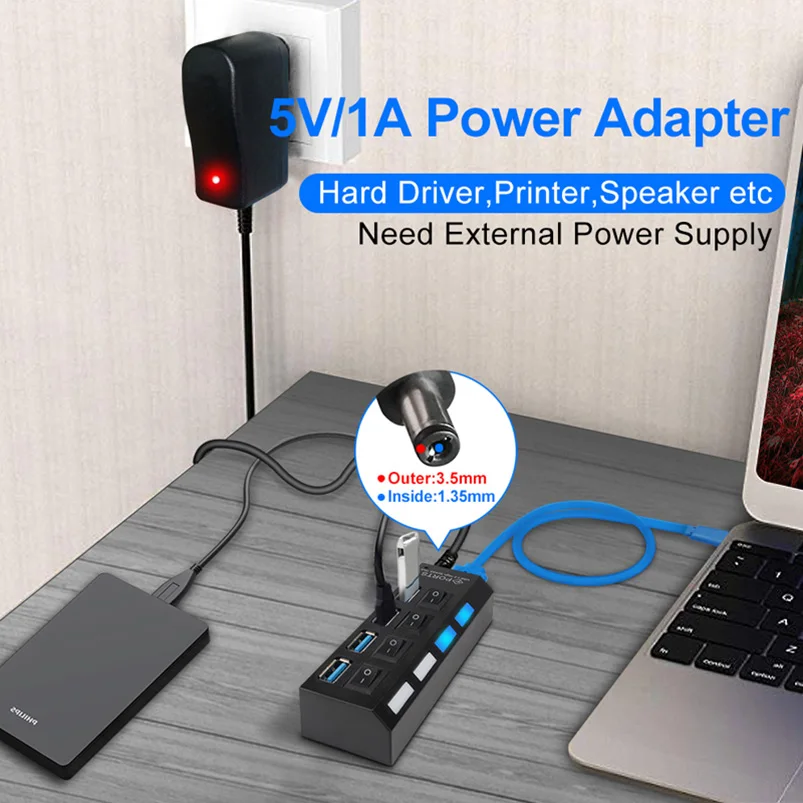 USB Hub 3.0 5Gbps High Speed 4/7 Port Hub Splitter With ON/OFF Switch Multi  Power Adapter High Speed Hub For PC Computer Laptop