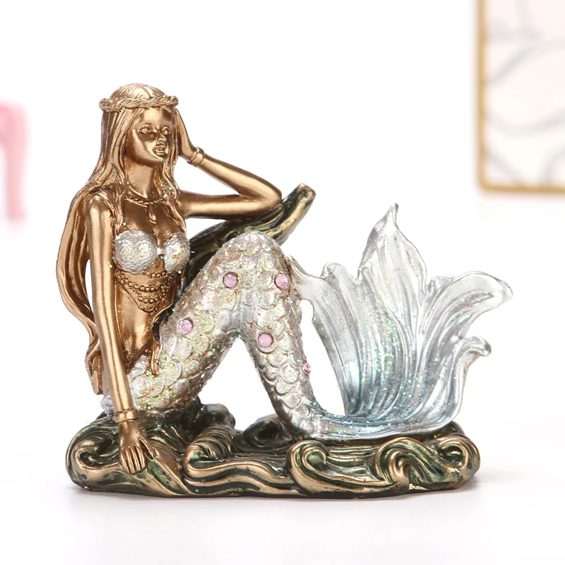 Syrenka z żywicy rysunek Rhinestone Sea Maiden Girl miniaturowa bajka charakter ozdoba wystrój pokoju rzemieślnicze prezent dla dziewczyny