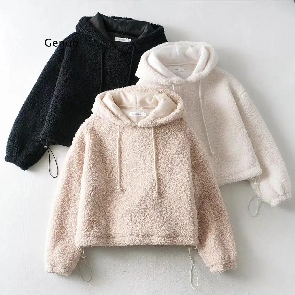 

Womens Casual Furry Pullovers Ladies Pockets Soft Lamb Wool Trendy Street Style Hooded Overcoat Autumn Winter