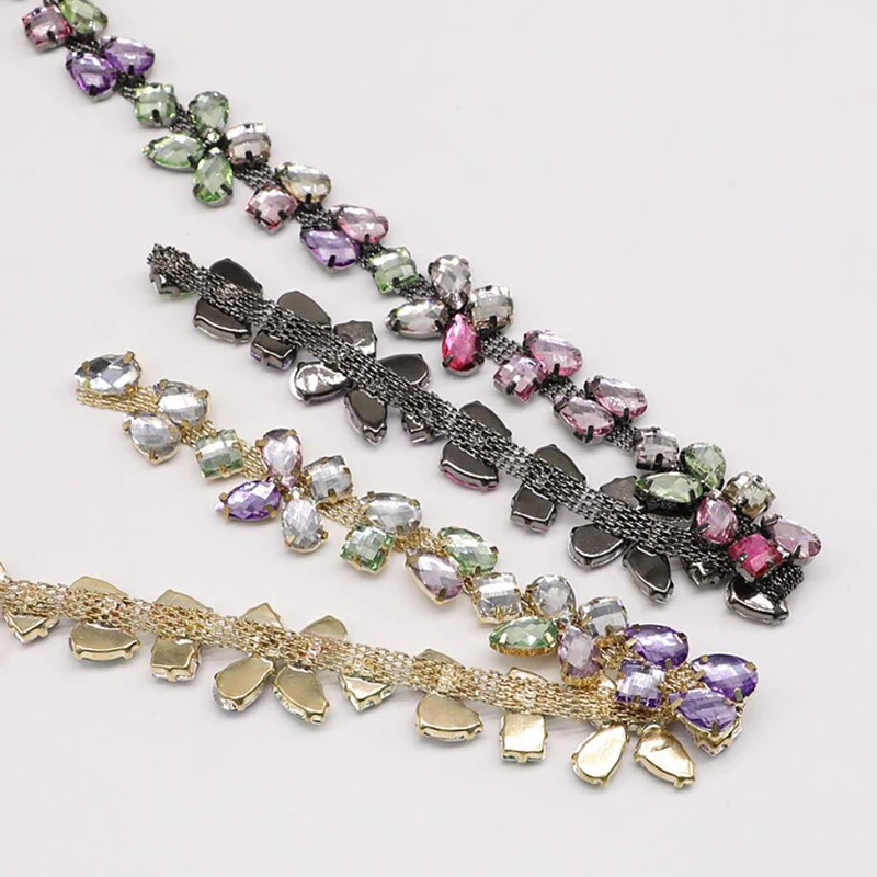 10Yards Rhinestone Trim Elegant Crystal Chain Big Stones DIY Crafts Handmade Gun Black Golden Trimming Free Shipping