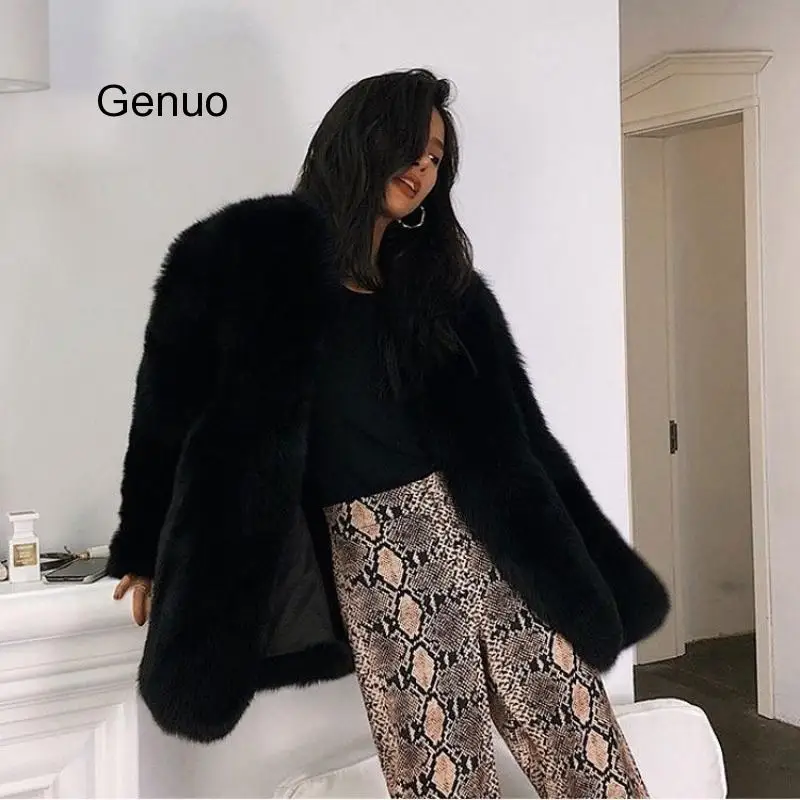 Winter Faux Fox Fur Coat Female Black Fur Jacket Furry Thick Warm Outwear 2020 New Fashion