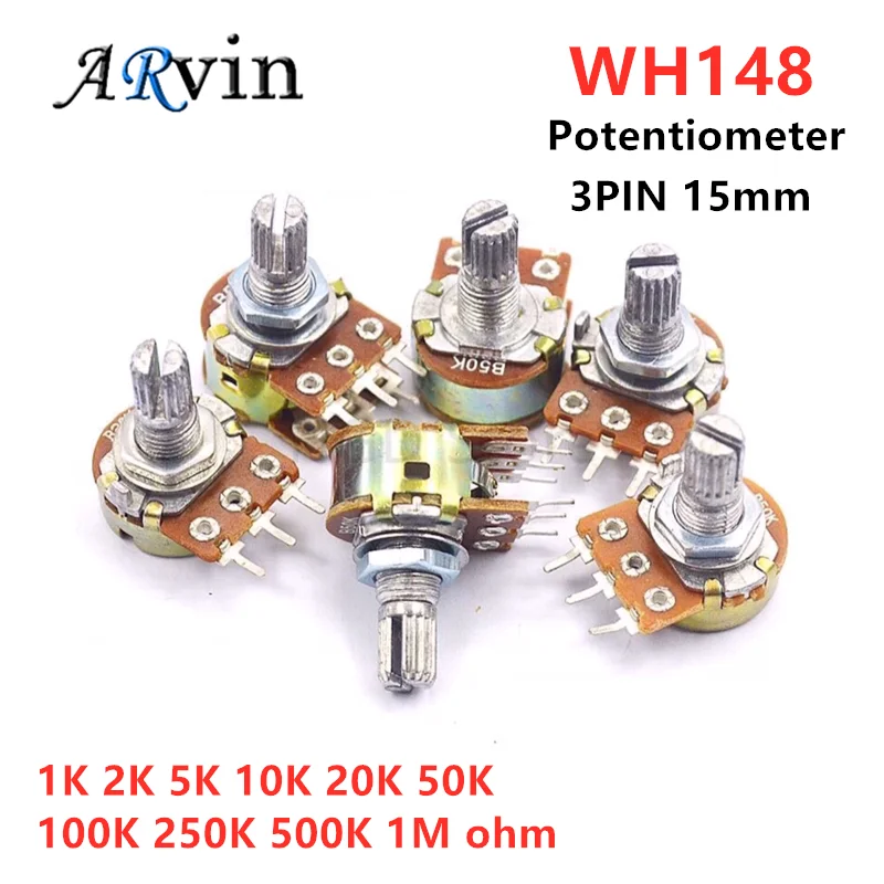 5Pcs WH148 B1K B2K B5K B10K B20K B50K B100K B500K 3Pin 15mm Shaft Amplifier Dual Stereo Potentiometer 1K 2K 5K 10K 50K 100K 500K