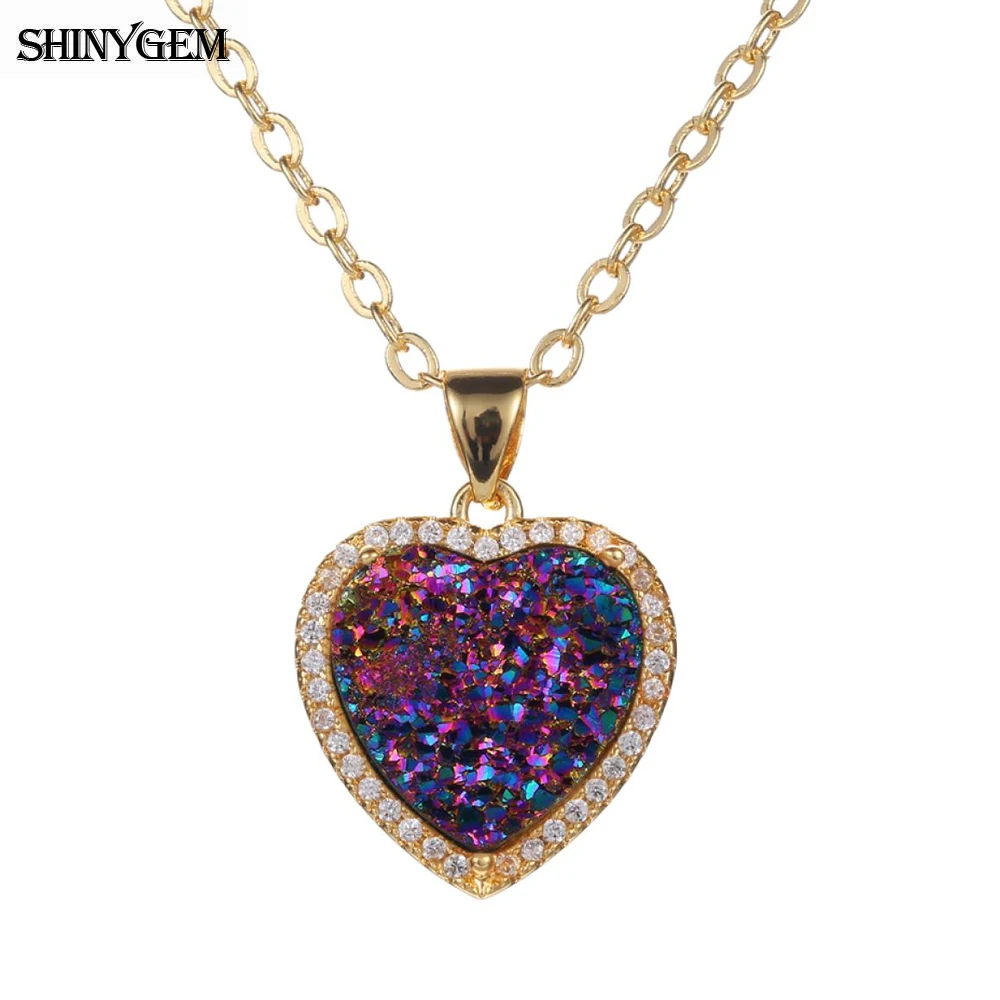 

ShinyGem Love Heart Natural Sparkling Crystal Druzy Pendant Fashion Gold/Silver Plated Necklaces For Women Gif 12*12m