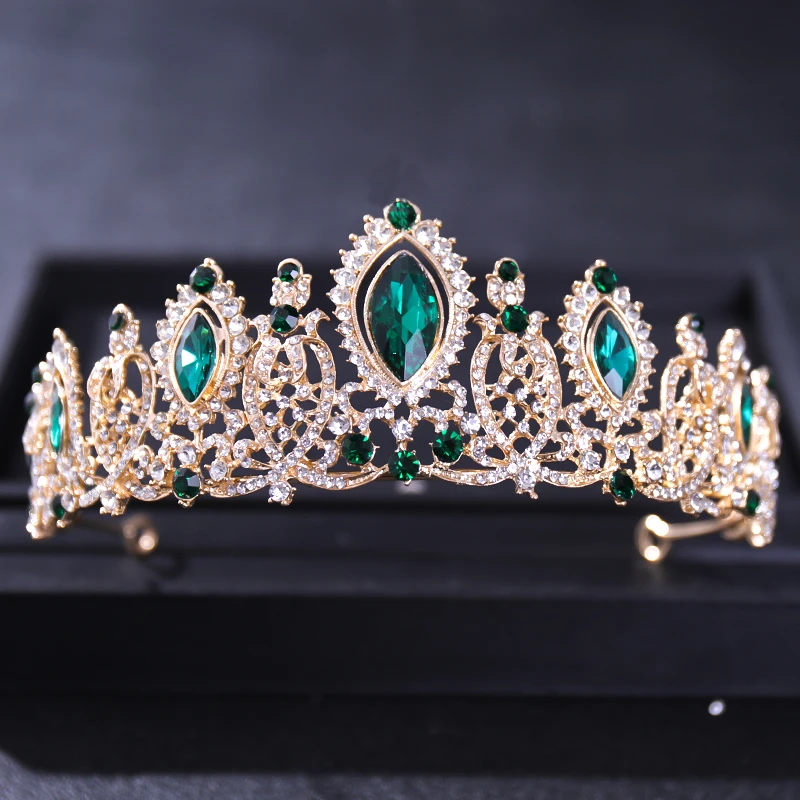 

Luxury Baroque Vintage Green Crystal Tiaras And Crowns Queen Diadem Pageant Party Crown Bridal Wedding Hair Jewelry Accessories