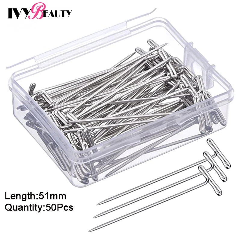 Long Wig T-Pins 50Pcs Silver Sewing Hair Needles Styling Tools For Holding Wigs Fix On Canvas Head Hair Wig Making And Display