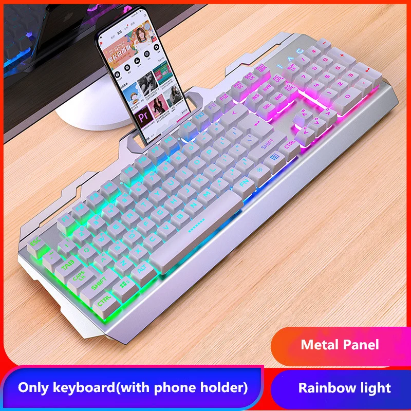 Metal Gamer Keyboard with phone holder Gaming Full Size 104 Keys Mechanical Feeling RGB Wired for PC Laptop Computer Office