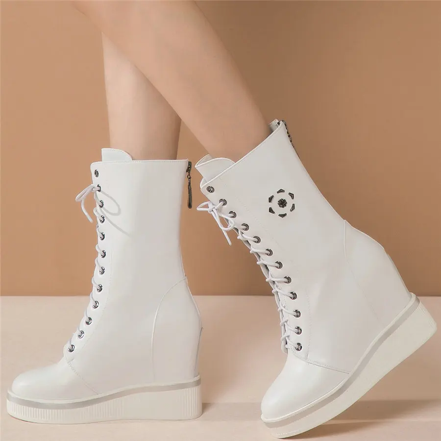 Winter Pumps Shoes Women Lace Up Cow Leather Wedges High Heel Snow Boots Female High Top Round Toe Fashion Sneakers Casual Shoes