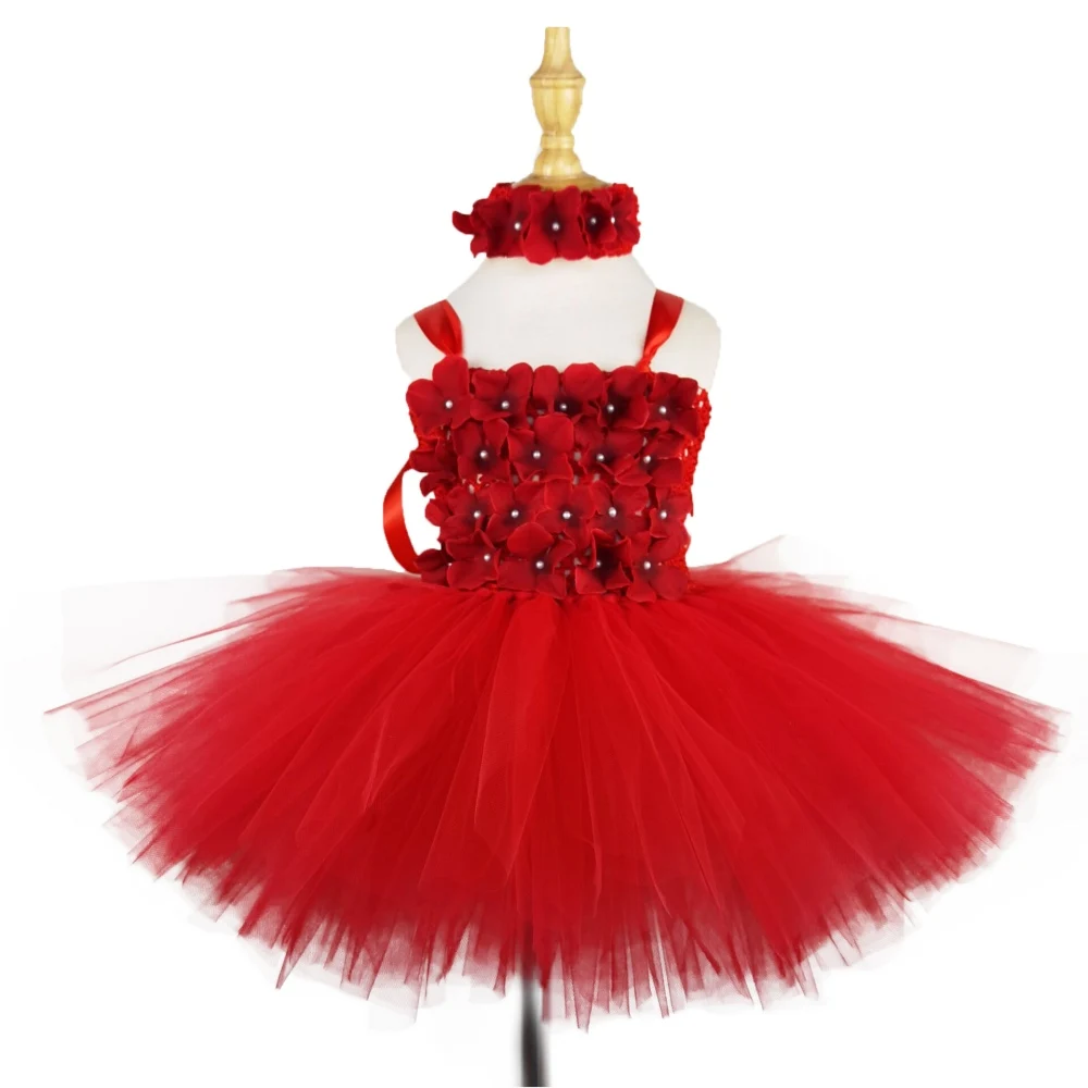 Girls Red Flower Petals Tutu Dress Baby Crochet Tulle Dress with Headband Kids Birthday Christmas Party Costume Evening Dresses