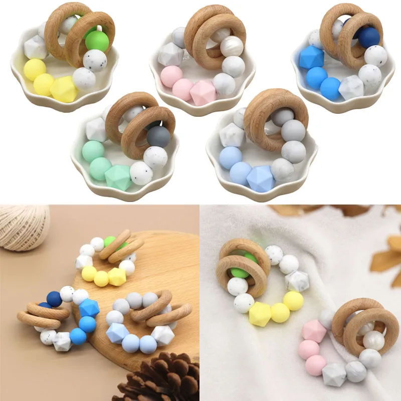 

Silicone Beads Baby Teether Beech Wood Ring Baby Teething Nursing Bracelet Food Grade Silicone Newborn Teether Molar Chews Toys