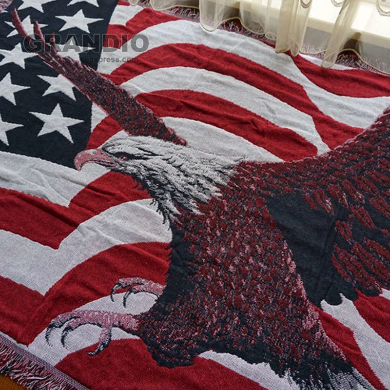 Knitted Throw Blanket With Tassels For Sofa and Bed 130x180cm Cotton USA Flag Eagle Designs Bed Spread Couch Covering Quilt