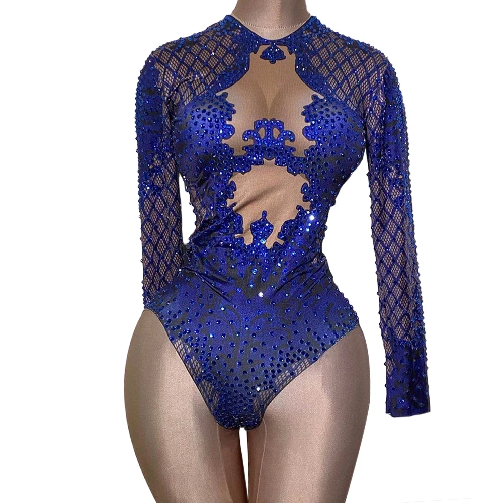 Azul impressão strass dançarino bodysuit feminino manga longa cristal macacão feminino clube mostrar menina estágio collant traje