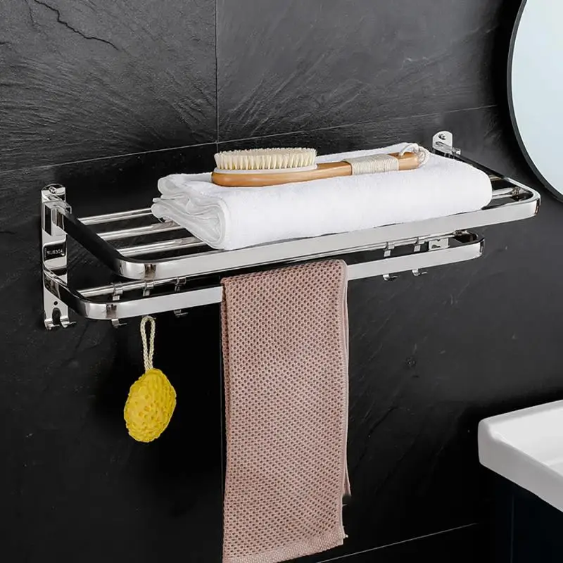 40cm/50cm Punch-free Stainless Steel Folding Movable Bath Towel Shelf Bathroom Towel Rack Holder Easy To Use and Save Space