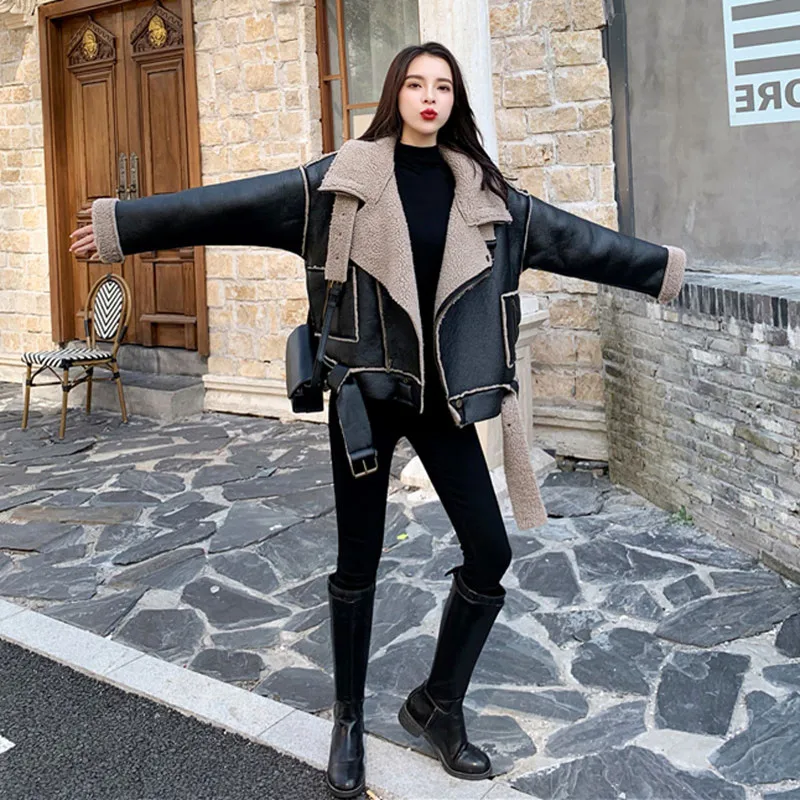 Winter Leather Suede Jacket 2021 Plus size Women's Thick Short Coats& Jacket Lamb Wool Warm PU Leather Outerwear women clothes