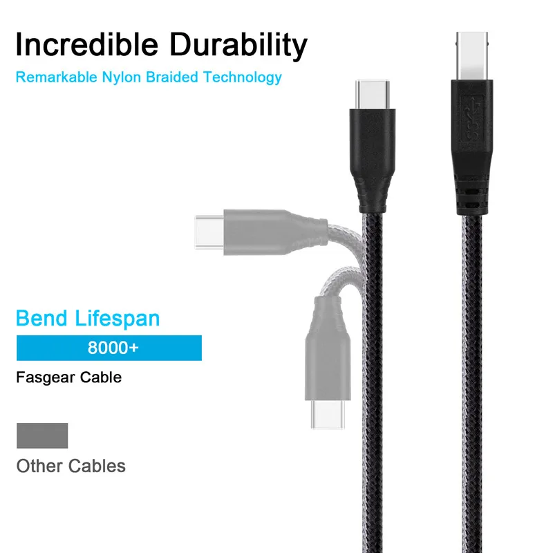 Fasgear Type-C 3.0 Printer Cable Type-C to USB B 5Gbps Fast Speed Cord for MacBook HP Computer PC Laptop Scanner USB Printer