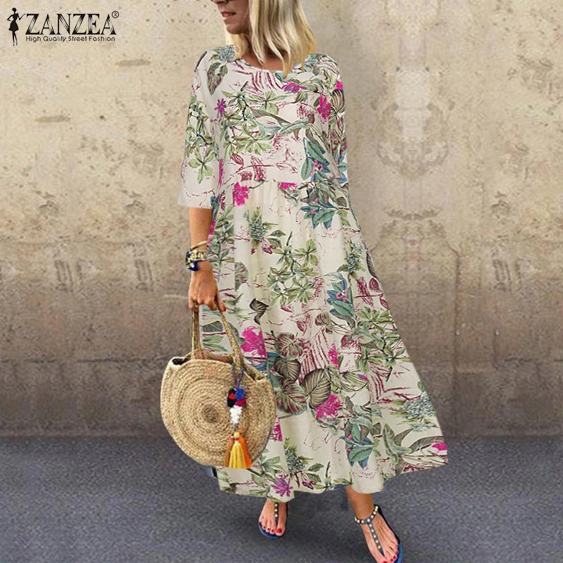 2023 Jesień Lato ZANZEA Plisowana Sukienka Kobiety Vintage Vestidos Robe Printed Long Maxi Dresses Femme 3/4 Sleeve Tunic