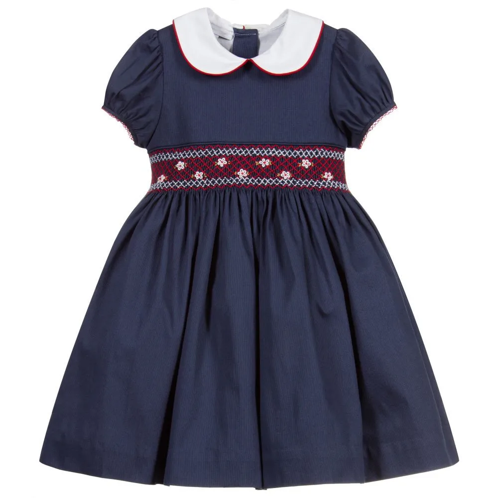 Baby Girls Smocked Dresses Navy Blue Vintage White Embroidery Frocks Infant Handmade Party Wear Kids Boutiques Clothing