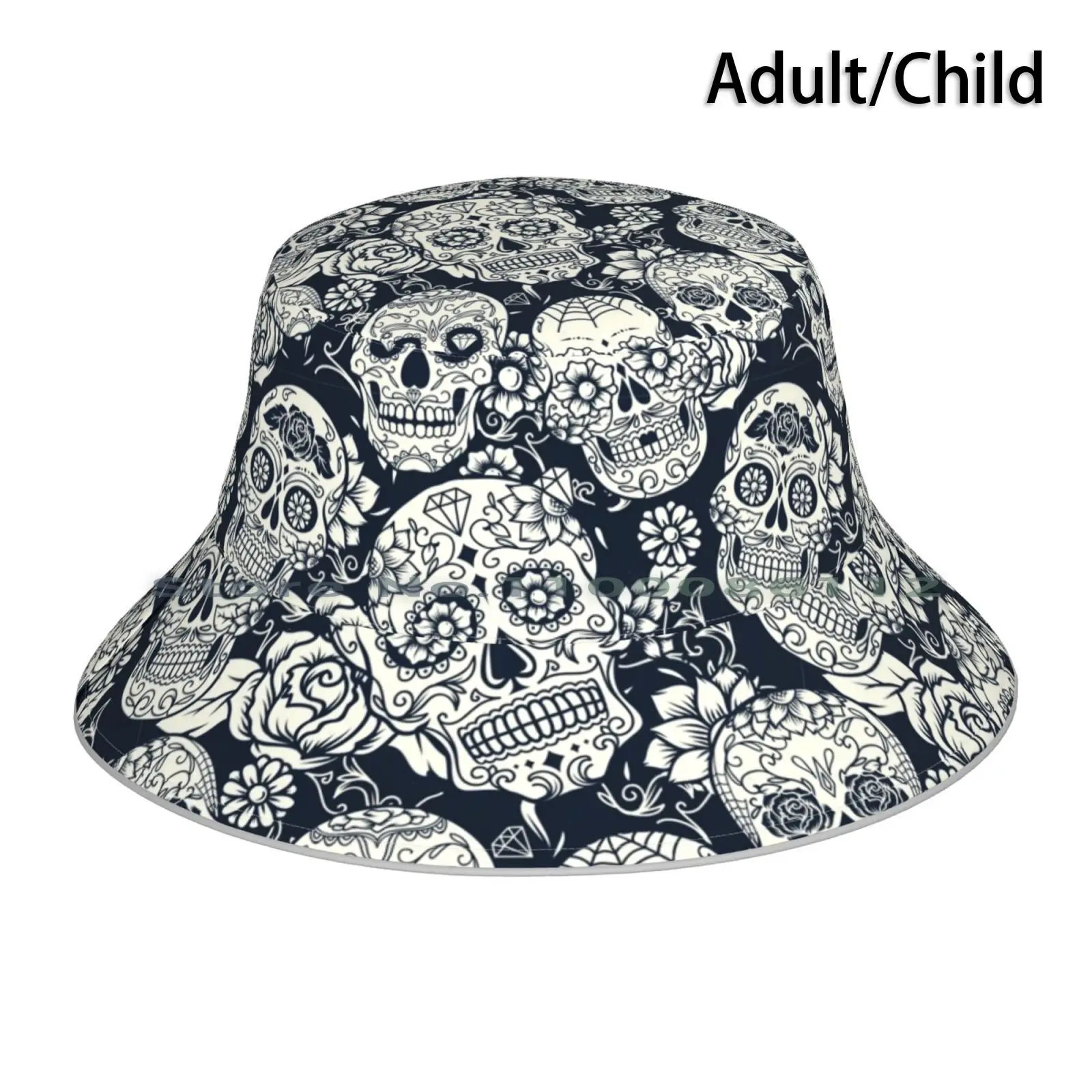 Sugar Skull Floral White Pattern Bucket Hat Sun Cap Tattoo Day Of The Dead Death Flowers Sugar Skull Floral Mexican Roses Black