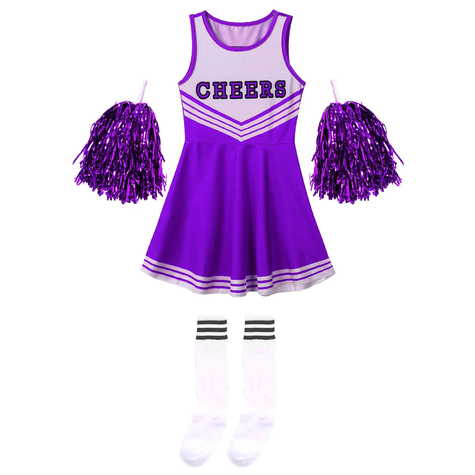 Meisjes Cheerleading Uniform Mouwloze Dans Kostuum Kinderen Cheerleader Outfit Ronde Hals Brief Print Jurk Bloem En Sokken